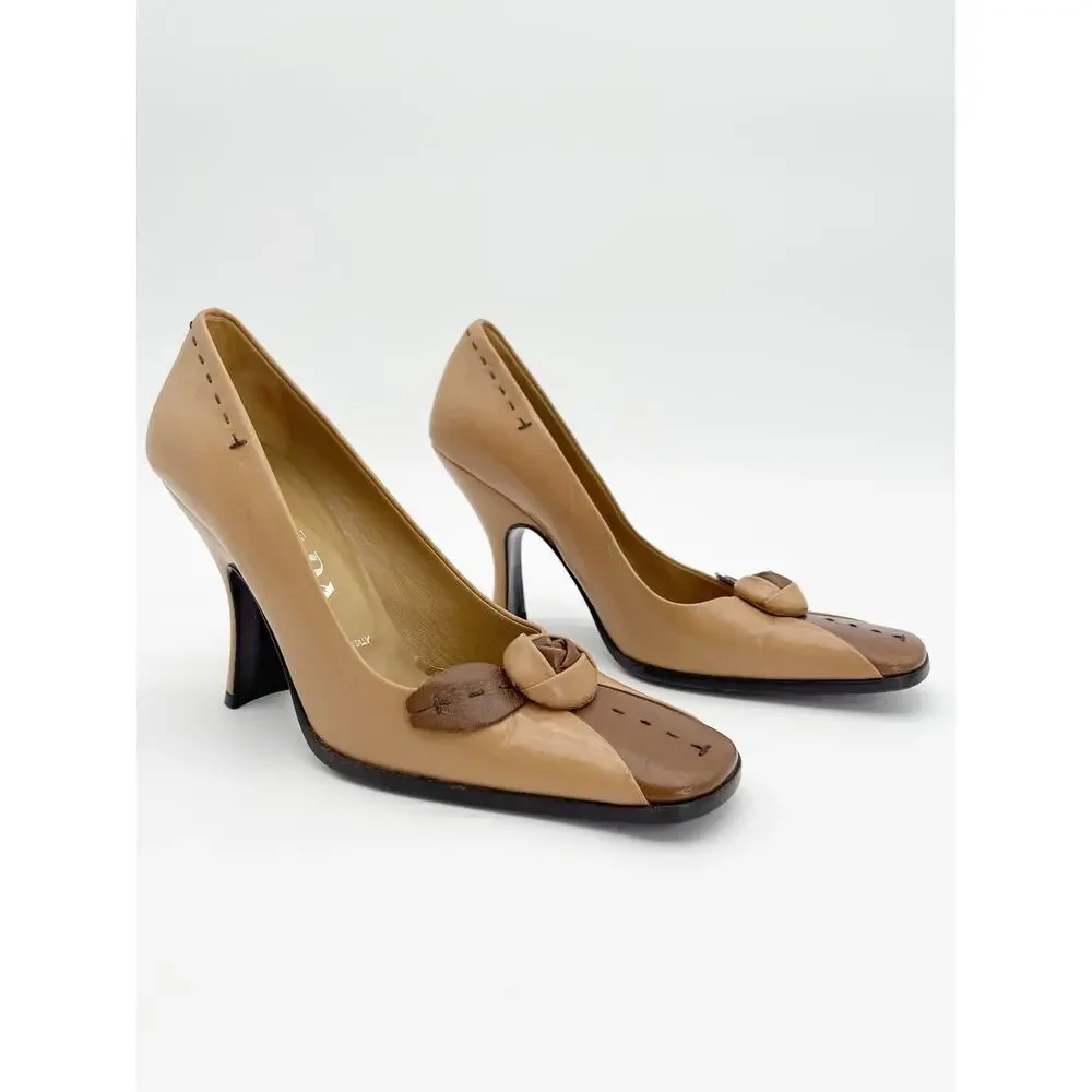 Prada Vintage Tan Brown Leather Square Toe Rosette High Heel Pumps IT 37.5
